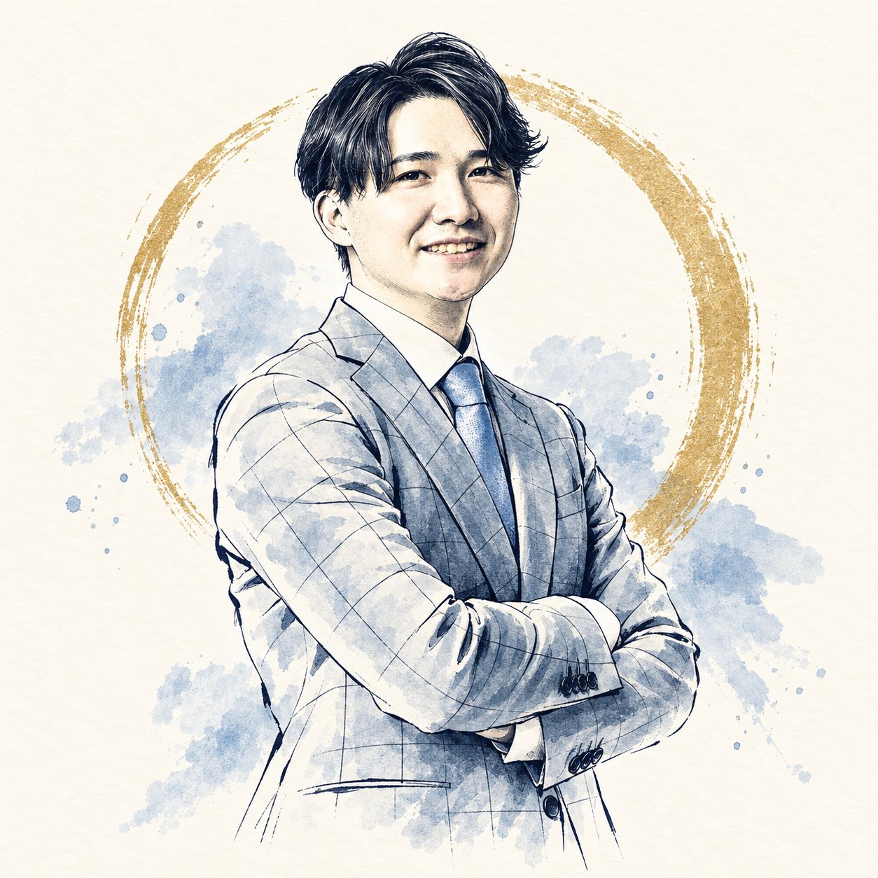 水彩の青と金の円を背景に描いた穂苅博人の線画